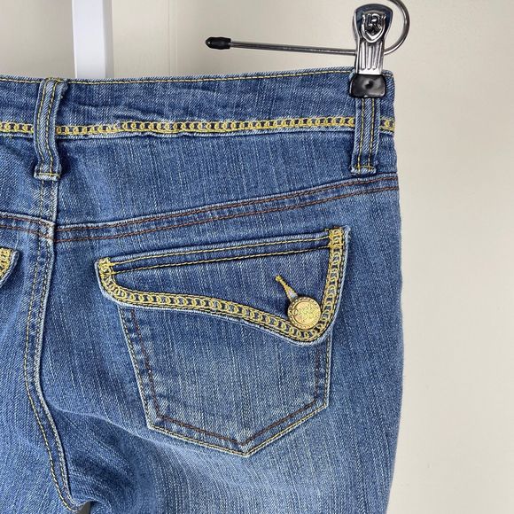 Vintage‎ Y2K Southpole Denim Jean Shorts Gold Logo Flap Pockets Juniors Size 5 - Picture 8 of 9